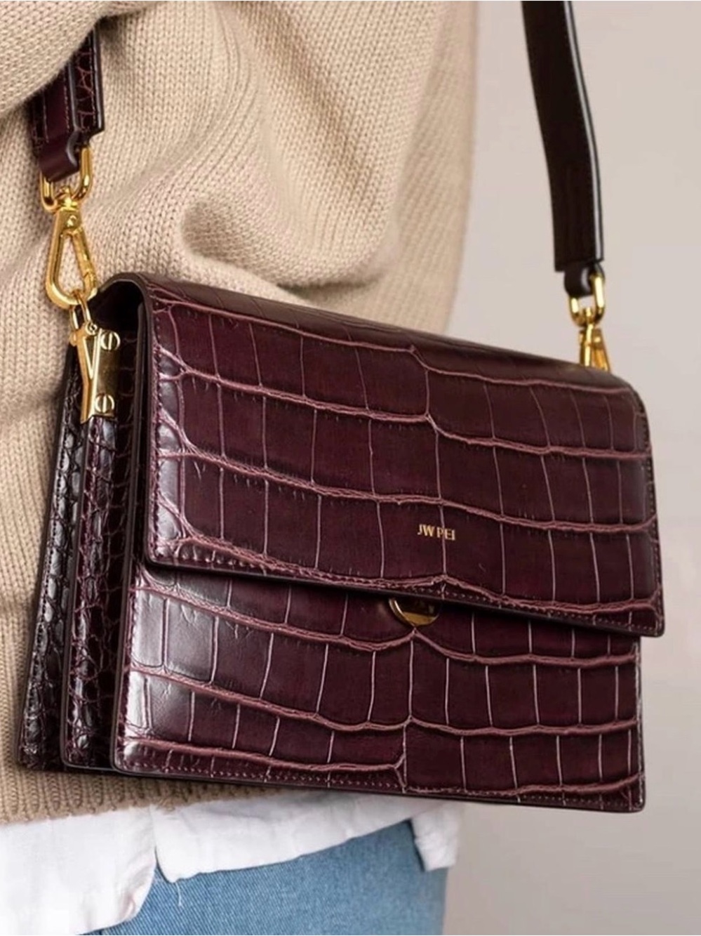JW PEI Burgundy Croc-Embossed Crossbody Bag
